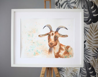 Goat watercolour, goat, watercolour painting, goat illustration, goat art, hare, original painting