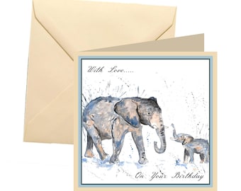 Elephant birthday card, blank card, greetings card, birthday card, elephant card, elephant family