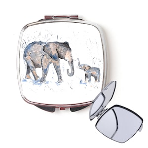 Elephant family compact mirror, handbag mirror, elephant mirror, Christmas gift, for her, personalised mirror, secret santa, pocket mirror