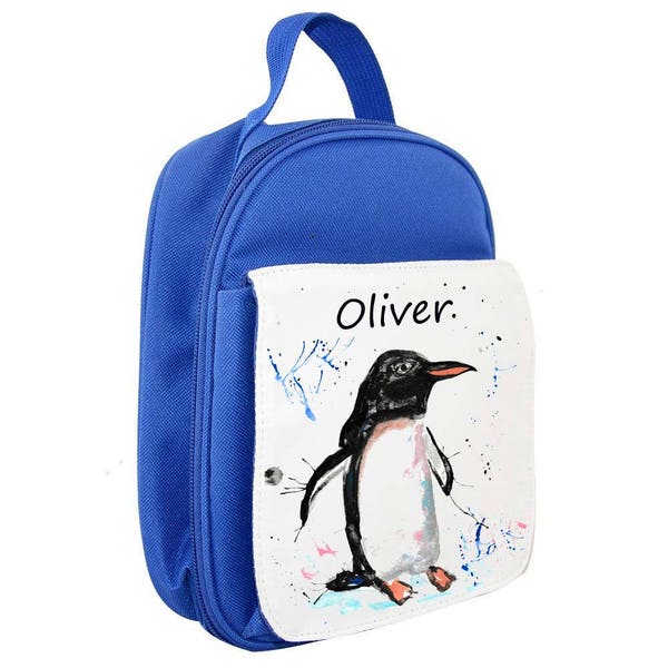 Personalised penguin childrens lunch bag, lunch box, insulated, cool bag, school bag, kids lunch bag, PINK, BLUE, RED