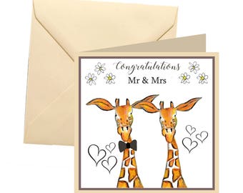 Wedding card, Mr and Mrs card, giraffe wedding card, personalised wedding card, special day
