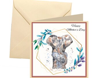 Carte de fête des mères animaux, carte vierge, carte de fête des mères éléphant, carte de fête des mères