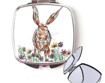 Rabbit compact mirror, handbag mirror, hare mirror, Christmas gift, for her, personalised mirror, secret santa, pocket mirror