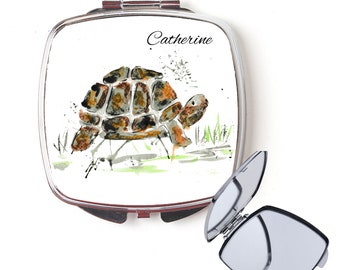 Tortoise compact mirror, handbag mirror, tortoise mirror, gift for Mum, for her, personalised mirror, turtle, pocket mirror