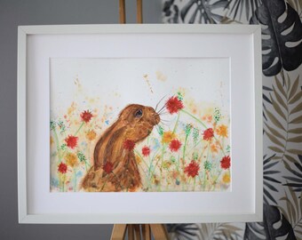 Hare watercolour, Thistle hare, watercolour painting, hare illustration, hare art, original painting, meadow hare
