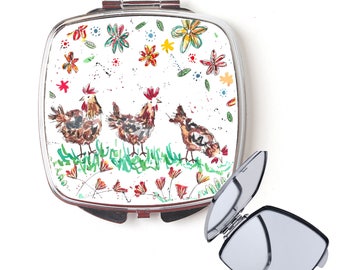 Hens compact mirror, handbag mirror, chicken mirror, Christmas gift, for her, personalised mirror, secret santa, pocket mirror