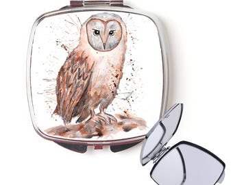 Owl compact mirror, handbag mirror, barn owl mirror, Christmas gift, for her, personalised mirror, secret santa, pocket mirror