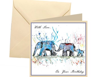 Animal birthday card, blank card, elephant birthday card, birthday card, birthday, elephant card for mum, elephant family