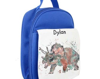 Personalised Triceratops childrens lunch bag, lunch box, insulated, cool bag, school bag, kids lunch bag, PINK, BLUE, RED