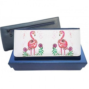 Flamingo purse, navy purse, leather purse, flamingo gift, flamingo wallet, flamingo leather purse