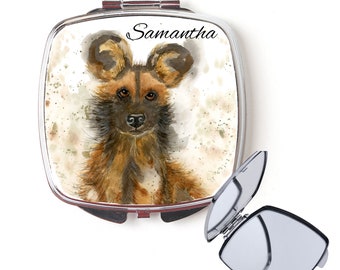 African painted dog compact mirror, handbag mirror, painted dog mirror, Christmas gift, for her, personalised mirror, secret santa