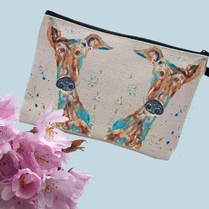 Greyhound make up bag, make up pouch, cosmetic pouch, toiletries bag, greyhound lover gift, personalised