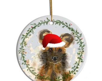 Painted dog tree decoration, Personalised Christmas decoration, African dog christmas, babies 1st christmas decoration, ceramic