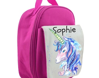 Personalised unicorn childrens lunch bag, lunch box, insulated, cool bag, school bag, kids lunch bag, PINK, BLUE, RED