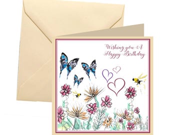 Pretty birthday card, blank card, floral birthday card, birthday card, birthday, birthday card for her