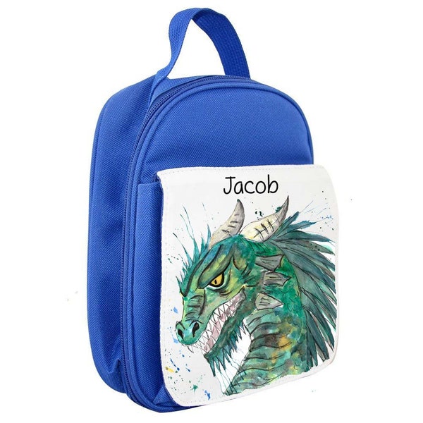 Personalised dragon childrens lunch bag, lunch box, insulated, cool bag, school bag, kids lunch bag, PINK, BLUE, RED