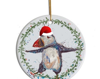 Puffin tree decoration, Personalised Christmas decoration, puffin christmas, babies 1st christmas decoration, ceramic