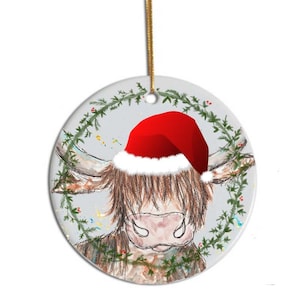 Highland cow tree decoration, Personalised Christmas decoration, highland cow christmas, personalised decoration, ceramic