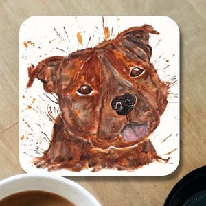 Staffy coaster, staffie art coaster, wooden coaster, personalised coaster, hand made coasters, kitchenware, staffordshire bull terrier