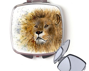 Lion compact mirror, handbag mirror, lion mirror, Christmas gift, for her, personalised mirror, secret santa, pocket mirror