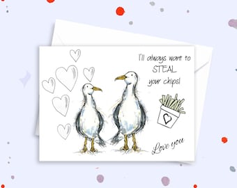 Seagull valentines card, joke valentines card, fun valentines card, lovers card, love you card, funny valentines card