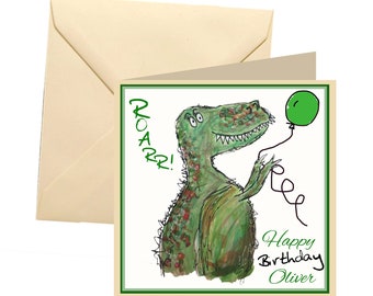 Dinosaur birthday card, child birthday card, greetings card, birthday card, Trex card, birthday card, age card, personalised