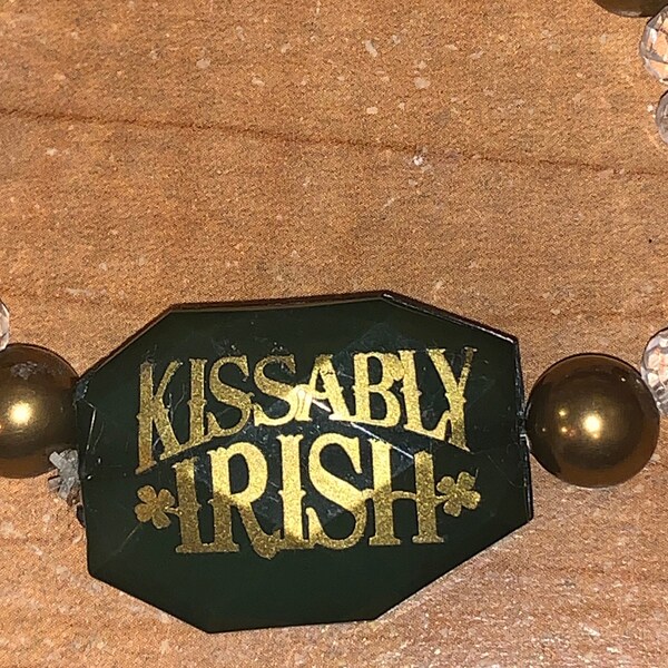 St Patrick’s Day Kissably Irish beaded stretch bracelet - Green Gold Clear Sparkle beads
