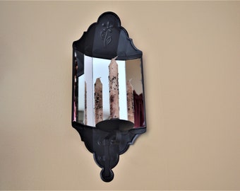 Mirror Candle Wall Sconce, Floral Design, Flat Black Metal, #771