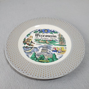 May include: A round ceramic decorative plate featuring a central illustration of Wisconsin, The Badger State. The design includes the state capitol, cows, a bird, a fish, and text labels. The rim has a white background with a gold diamond pattern.
