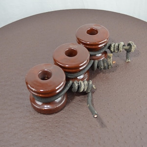 Electrical Insulators, 1950 Era Brown Glazed Porcelain with Heavy Copper Wire, #878
