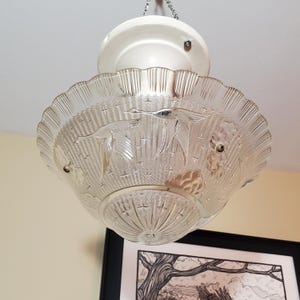 Art Deco Three Chain Ceiling Light, Ribbed Glass, Embossed Flying Swans, #992