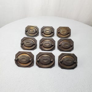 May include: Nine antique brass drawer pulls. Each pull has an octagonal backplate with a decorative border and a central oval design. The pulls have a dark, aged finish, suggesting vintage or antique status. The handles are curved and attached to the backplate.