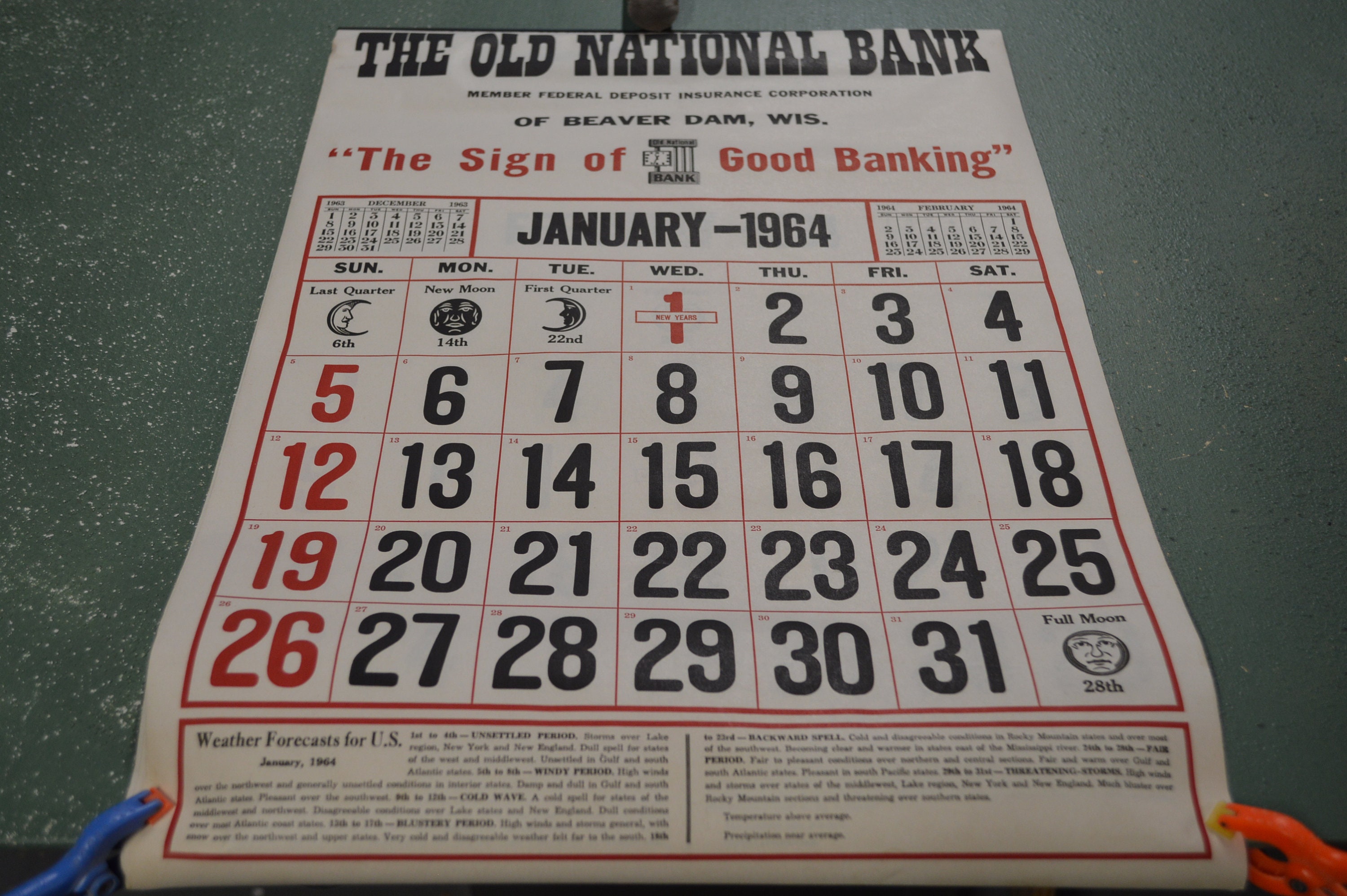 1964 Old National Bank Calendar, Beaver Dam Wisconsin Vintage
