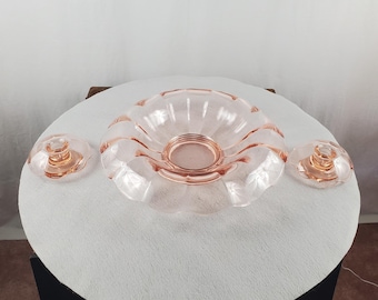 Pink Depression Glass Rolled Console Bowl with Two Candlestick Holders, #1021