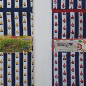 Maritime wall pockets Frau Knallerbse wall organizer with sailing boats in blue, white, red, mustard yellow, made from original 60s fabric image 2