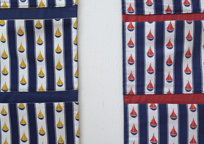 Maritime wall pockets Frau Knallerbse wall organizer with sailing boats in blue, white, red, mustard yellow, made from original 60s fabric image 6