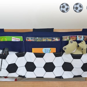 Huge bedside organizer with 6 pockets. This bedside bag for football fans keeps your bed, loft bed, or bunk bed organized. It&#39;s a bedside butler. Hanging bag.