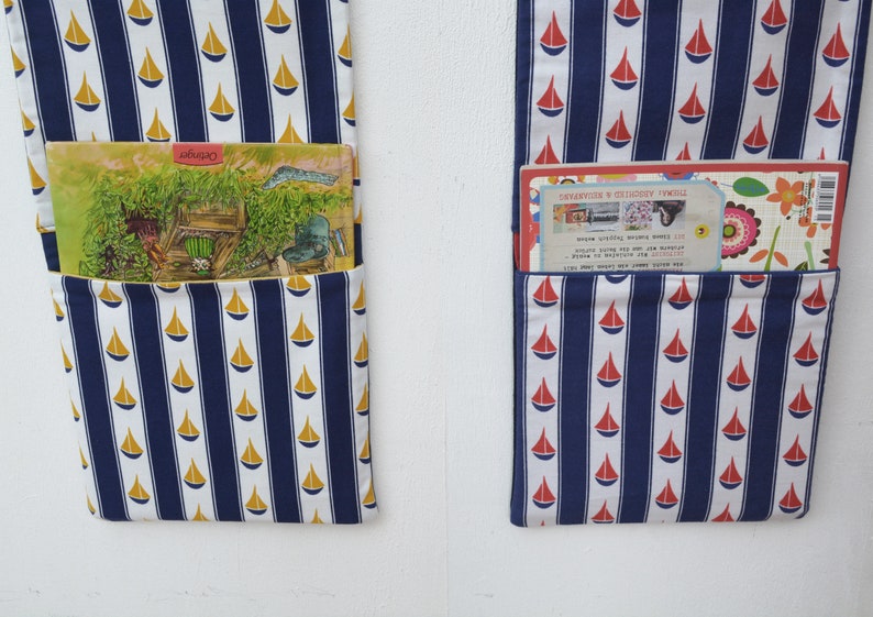 Maritime wall pockets Frau Knallerbse wall organizer with sailing boats in blue, white, red, mustard yellow, made from original 60s fabric image 5