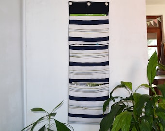 Large wall utensil for magazines - Mrs. Knallpease - wall organizer for hats, scarves, gloves, stripes in dark blue, green, white