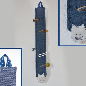 Large hair clip holder kitty firecracker The hair clip storage with cat in jeans blue creates order in the bathroom and children's room image 1