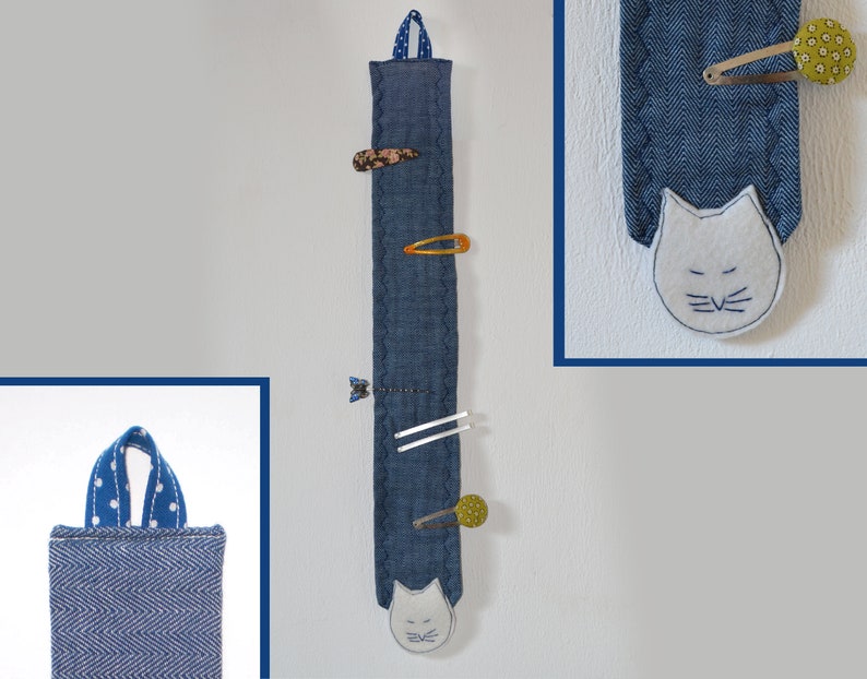 Large hair clip holder kitty firecracker The hair clip storage with cat in jeans blue creates order in the bathroom and children's room image 1