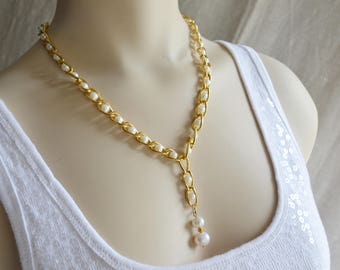 Freshwater Pearl Y Necklace, Pearl Necklace, Pearl Y Necklace, Lariat Necklace,Wedding Lariat Necklace