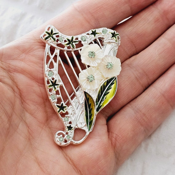 Anne Klein SIGNED Harp Simulated Mother of Pearl Floral Flower Brooch Pin Musical Instrument Etsy