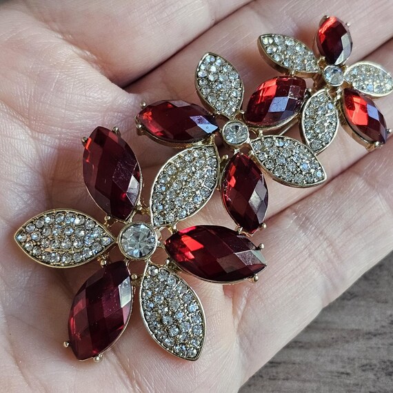 Ruby Red Crystal Rhinestone Flowers Trio Pin Broo… - image 3