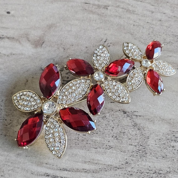Ruby Red Crystal Rhinestone Flowers Trio Pin Broo… - image 1