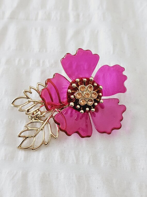 Anne Klein AK SIGNED *rare* Hot Pink Lucite Flower Rhinestones