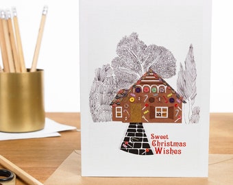 Tarjeta de felicitación hecha a mano con la casa de jengibre de Hansel y Gretel