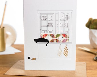 Tarjeta de felicitación hecha a mano de El gato y el ratón. Basada en la fábula El gato y el ratón en sociedad