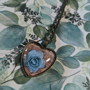 Turquoise rose necklace, heart shaped pendant, heart glass, thinking of you, gifts for her, stocking stuffer, birthday, bronze heart