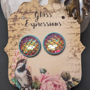 Mermaid Dragon scale resin earrings blue bezel setting